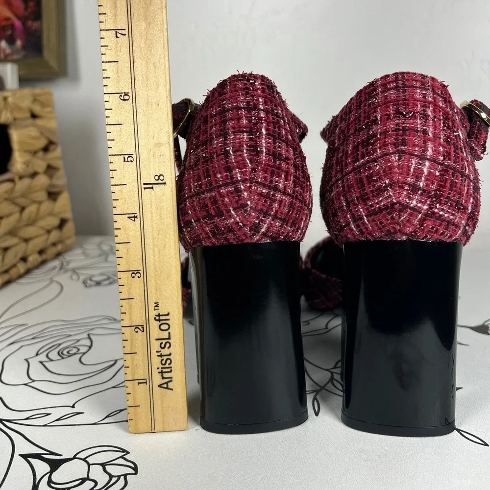 Karl Lagerfeld Paris Sapphira Tweed Cap Toe Block Heel Pumps Burgundy 8.5M